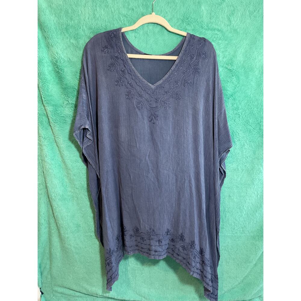 Sakkas Wren Lightweight Embroidered Poncho Blouse Blue
